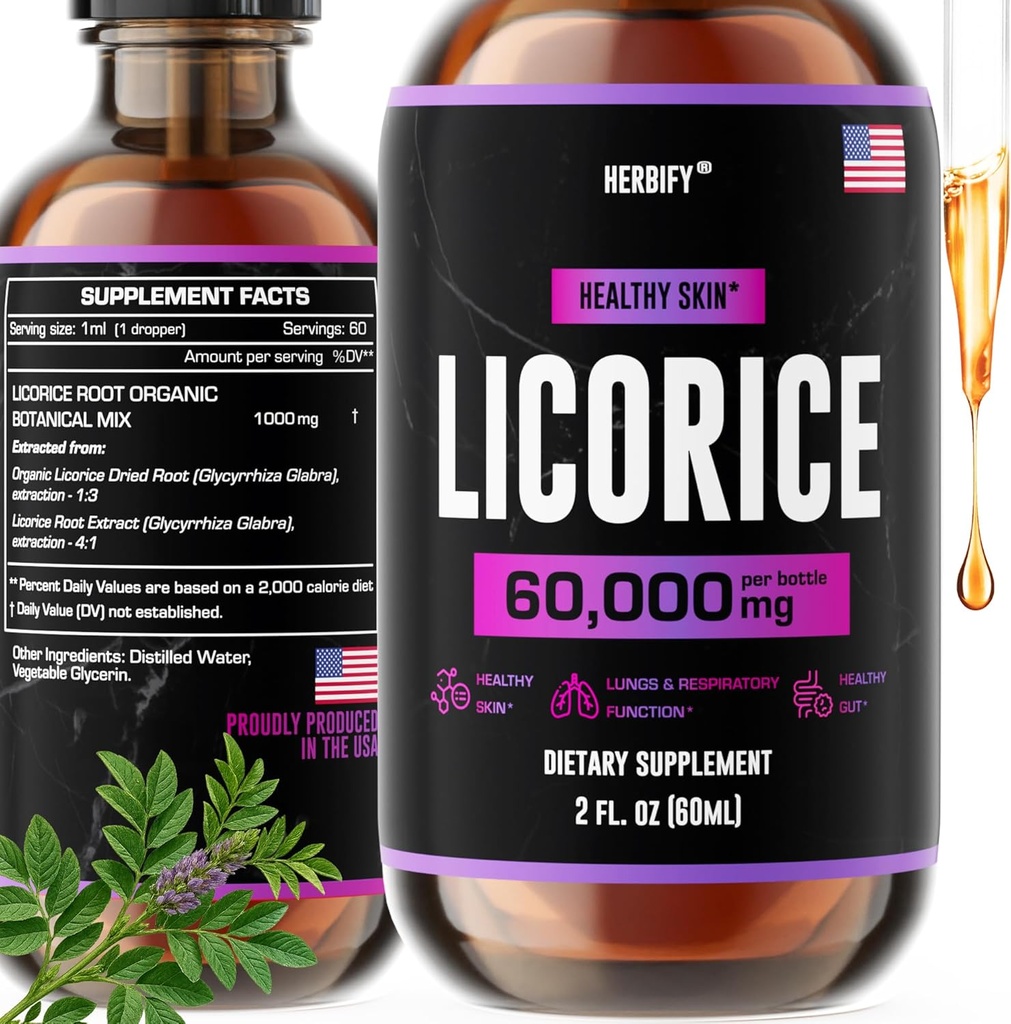 HERBIFY Licorice Root Extract - Powerful Licorice Supplement - Lung Support Supplement - Licorice Extract for Skin Health and Immune Support - Made in USA - 2oz