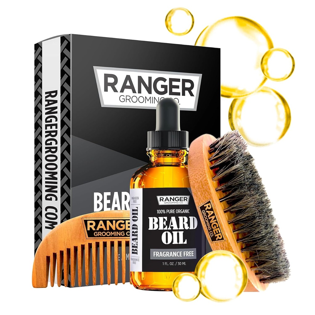 Beard Kit by Ranger Grooming Company by Leven Rose, 100% Ekologiška Natūrali Fragrance Nemokama Nekvapi barzdos aliejus, Boar Bristle barzdos Brush, Natural Wood Comb Beard Care Starter rinkinys vyrams
