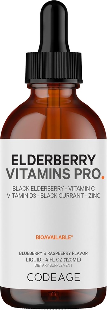 Codeage Elderberry Vitamins Pro - Organic Black Elderberry Liquid Drops - Vitamin C, D3, Zinc, Black Currant - 2-Month Supply - Black Sambucus Liquid - Supplement for Adults & Kids - 4 fl oz