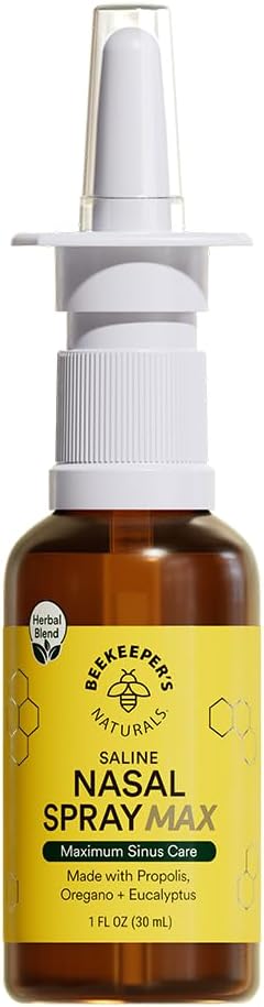 Beaderier Naturals Propolis Nasal Rinse Spray Max, Relief for Suaugusiesiems w / Eucalyptus, Oregano & Saline, Clears Nasal Congestion, Moisturises Sinus Canal, & Deconest Sinus Caises, 1 fl oz