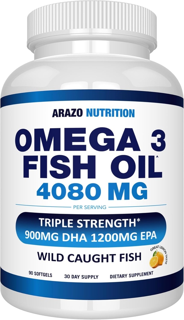 Arazo Nutrition Wild Caught Omega 3 Žuvies aliejus - 90 Minkšti geliai - 4,080mg High EPA 1200mg DHA 900mg Lemon Schior Burpless Softgels