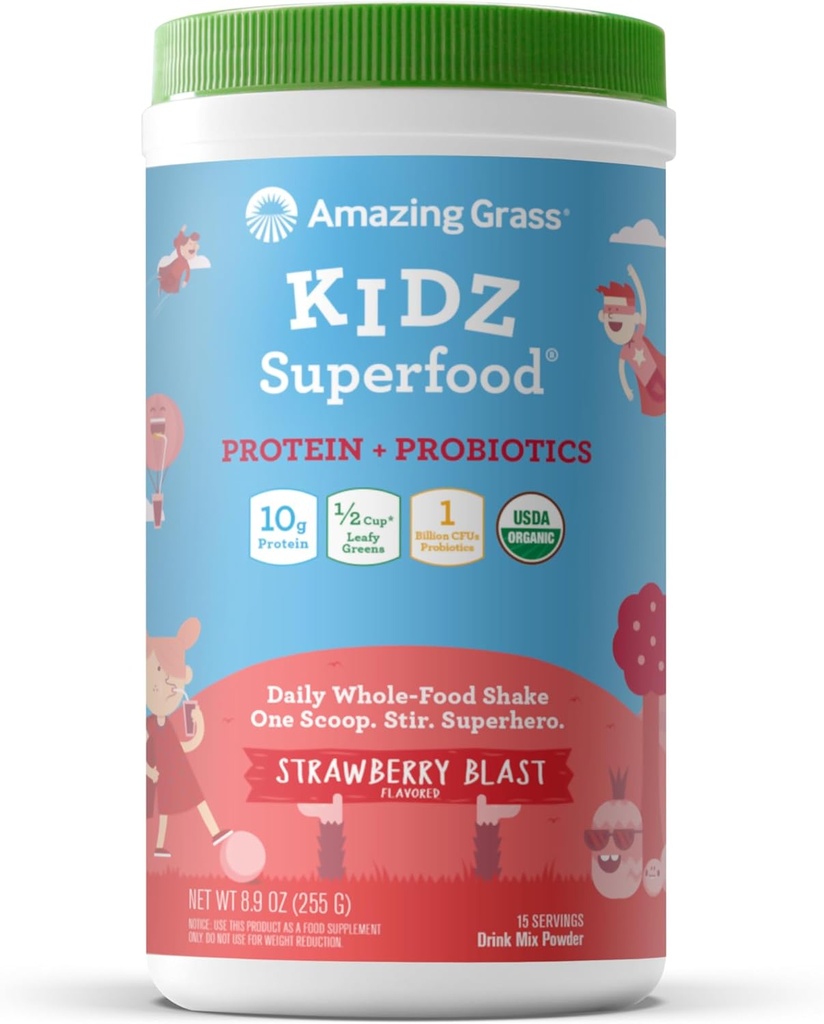 Nuostabus žolės Kidz Superfood: Vegan proteinas & Probiotikai vaikams su runkelių šaknų milteliai & 1 / 2 taurė Leafy Žaliųjų, braškių lazda, 15 Paslaugos