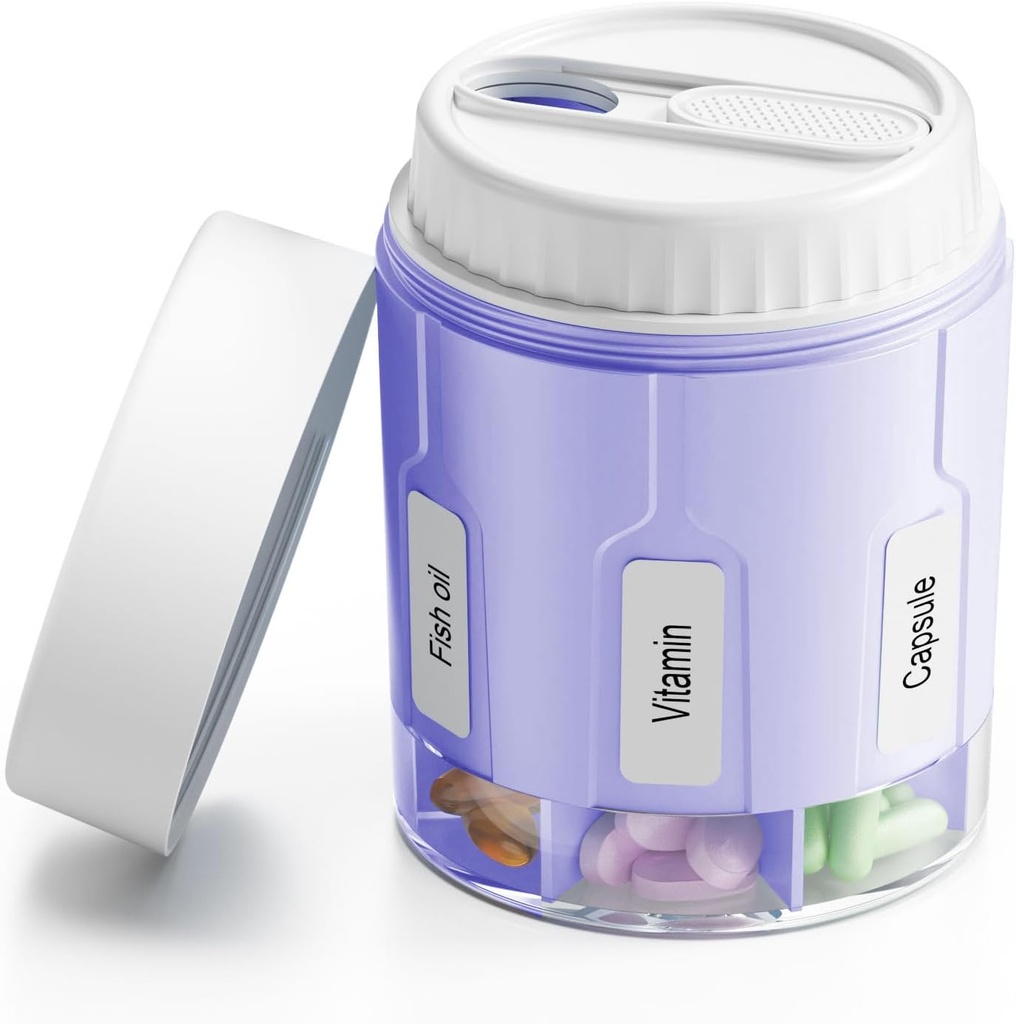 Daviky pill Butelis organizatorius, papildas organizatorius su 7 didelių padalinių, Kelionių pilys Dipenser Apskritas pilys dėžutė su dviem dangteliais ® Purple