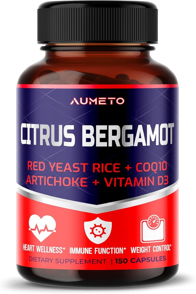Citrus Bergamot Priedas su raudonaisiais ryžiais, CoQ10, Artichoke, Vitaminas D3 - Parama bendros cirkuliacijos sveikatingumo ir imuninės sistemos (150 grafas (Pack of 1))