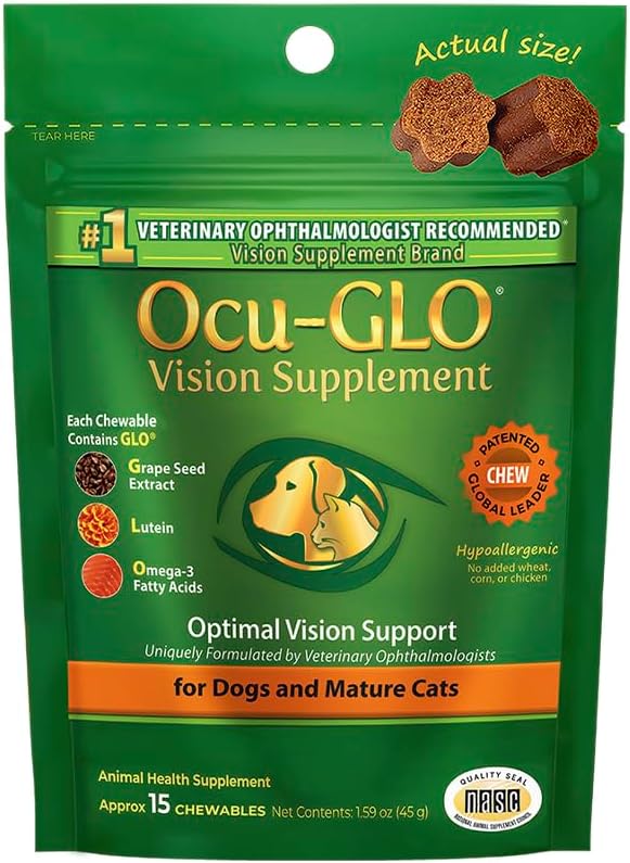 Ocu- GLO Cat & Dog vyresnysis papildas akių paramos - Chewable Vitaminai papildai didelėms ir mažoms naminių gyvūnėlių priežiūros su Lutein, Omega-3 riebalų rūgštys, Vynuogių sėklų ekstraktas ir antioksidantai