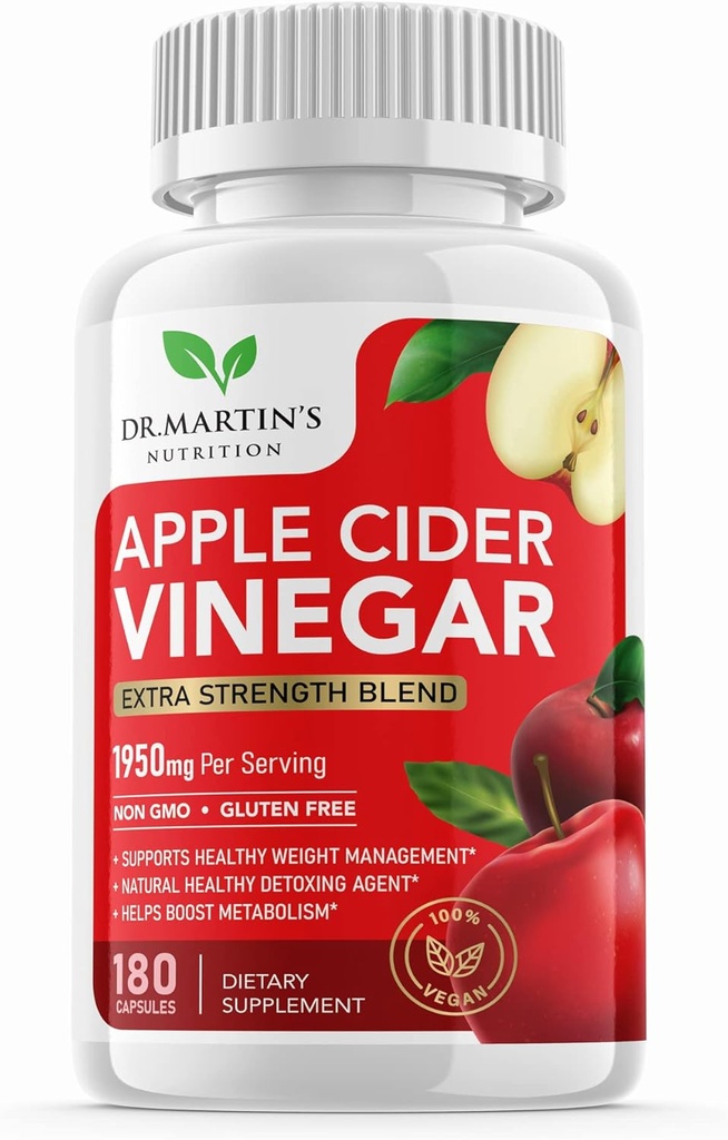 Grynas 1950mg Apple Cider Vinact Addicator ® 124; 180 Capsules ® 124; No Sour Taste ® 124; Pills for sveiki Metabolization, Bloating & Energy ® 124; Detox & Digestion Support ® 124; Non- GMO, Gluten Free ® 124; 100% Natural & Raw