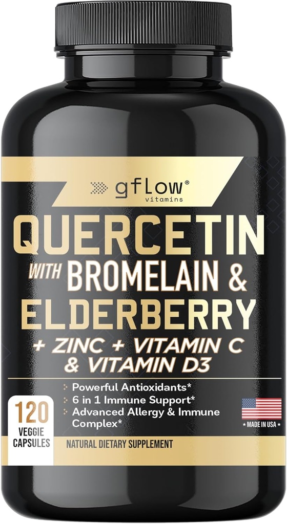 Quercetin su Bromelaino Cinko vitamino C vitamino D Elderberry - 120 Veggie Capsules, Non- GMO, Gluten- Free D124; Imunic Support Additive Additive, Pagaminta JAV, 124; 2 Mėnesiai tiekimas