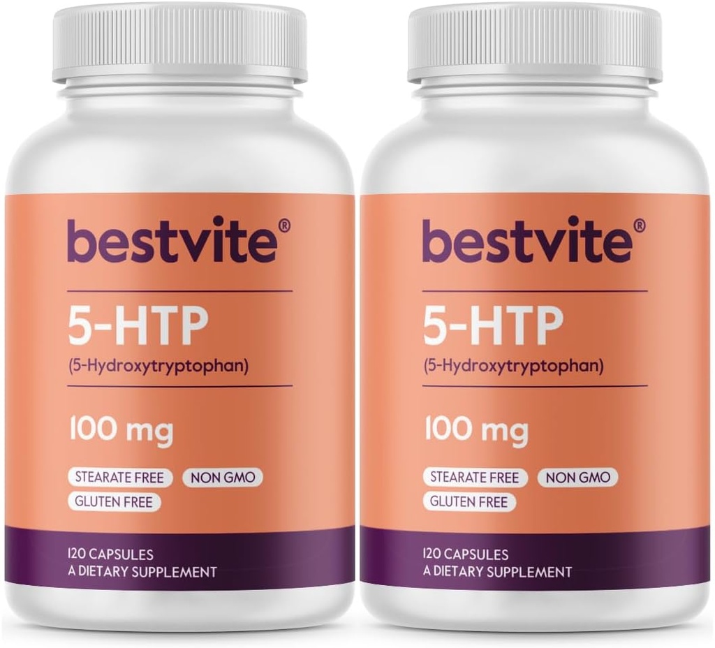 BESTVITE 5- HTP 100mg (240 kapsulių) (120 x 2) - No Stearates - No Flow Agents - Non GMO - Gluten Free