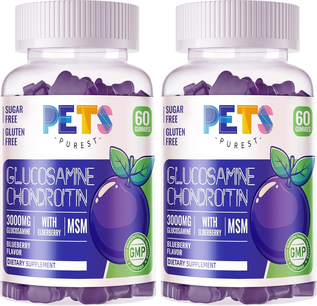 Gyvūnai Purest gliukozaminas Chondroitin Gummies su MSM & Elderberry Extra stiprumo - Bendra parama, Antioksidantas Imuninė parama Priedas suaugusiems, Vyrai & Moterys. (2 Pack) Mėlynės