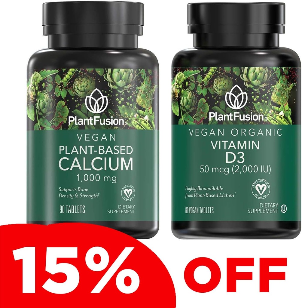 PlantFusion Vegan Calcium & D3 Bundle - Premium Plant pagrindo kalcio 1000mg ir D3 2000IU papildai kaulų augimui, tankiui ir stiprumui & imuninei paramai