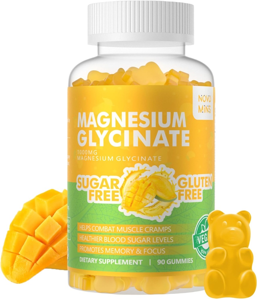 90 CT magnio glicinatas Gummies 1000mg - Nemokamas cukraus magnio kalio papildas su vitaminu D, B6, CoQ10, skirtas ramiam pelėsių ir miego palaikymui - 90 Mango ananasų gemalai