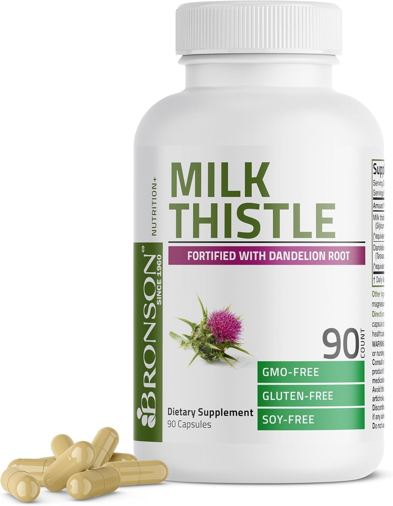 Bronson Milk Tistle Silymarin Marianum & Dandelion Root Life Health Support, Antioksidantas Parama, Detox, 90 kapsulės