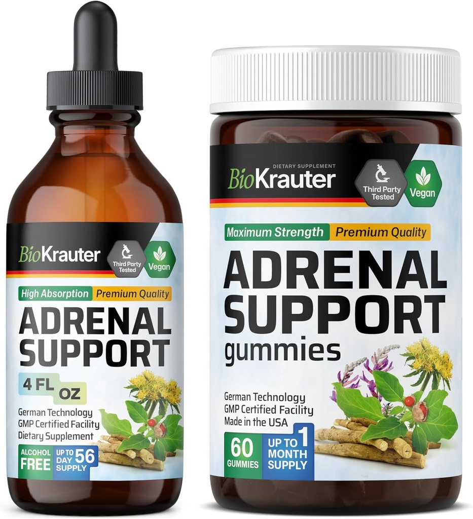 BIO KRAUTER adrenalinis palaikymas 60 Gummies & adreninis palaikymas 4 Fl. Oz.