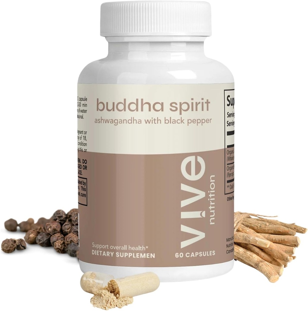 Buda Spirit Ashwagandha Capsules with Black Pepper - 100% Organic, Vegan & Gluten- 60 Count, 30 dienų tiekimas