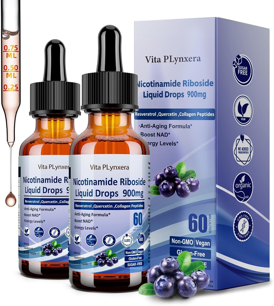 2 pakuotė NAD papildai moterims ir vyrams, NAD Nicotinamide Riboside Resveratrol 900mg & Quercetin, Niacinas, kolagenas, biotinas, skystas NAD plius priedas NR900 Anti- senėjimo odos energijos ilgaamžiškumo Focus