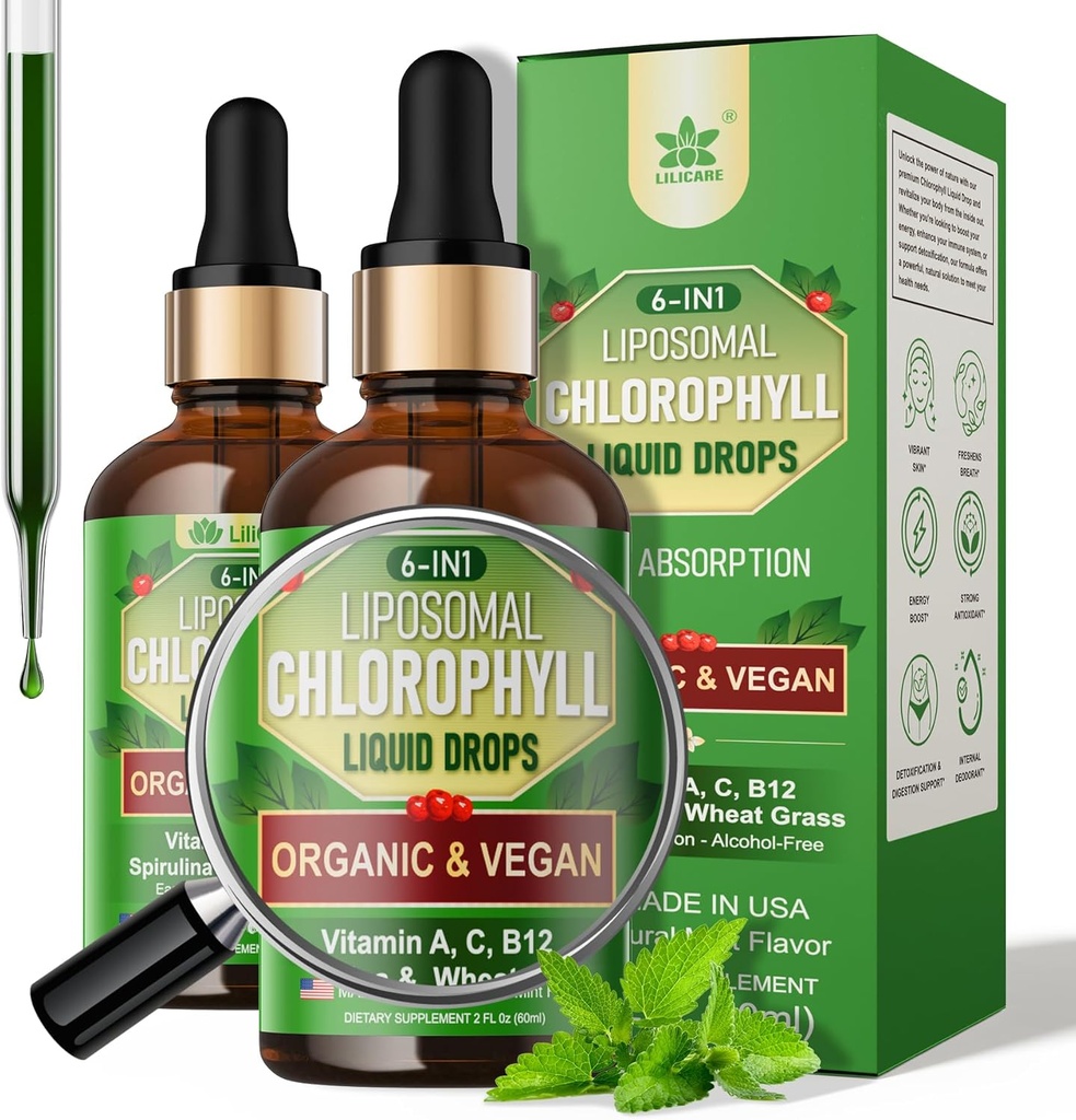Organinis chlorofilas skysti lašai Liposominis moterims ir vyrams, 6- in-1 Žalieji Maisto produktų veganas Chlorofilas w / Spirulina, Kviečių žolė, Vitaminas C B12 A vidaus dezodorantas *, Energija, Digusive, 2Pays / 4 Fl Oz