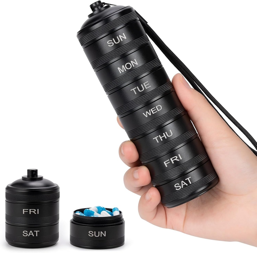 Pieninės Organizatorius Savaitinis Metal Travel Pill Box vandeniui - 7 Dienos didelis aliuminio lydinio pilys konteineris, Nešiojamas Dienos pilys Vitaminas, Medicina, Priedas, Žuvies aliejus