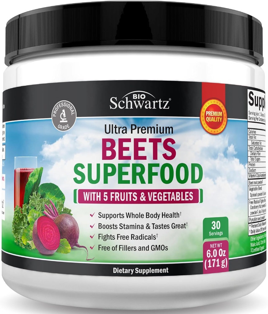 Beet Root Powder - Beets Superfood Supplement with Vitamin C Plus Organic Antioxidant Rich Red Fruits and Vegetables - Boosts Stamina and Natural Energy Levels - 30 Servings - Packaging May Vary