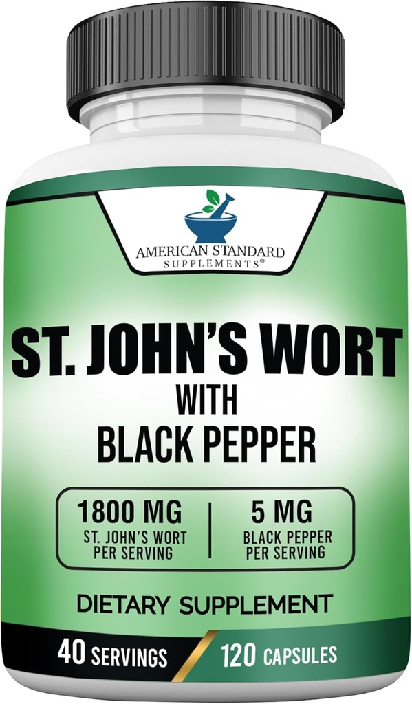 American Standard Additions St. John 's Wort 1800mg per serving with Black Peper Fruit Extract - Vegan, Gluten Free, Non- GMO, 120 kapsulių, 40 serverių