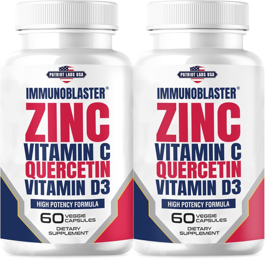 (2 pakuotė) ImmunoBlaster Cinko Quercetin 500 mg su vitaminu D ir C Antioksidantu Imuninis Palaikymas didelio stiprumo Quercetin Cinko papildai vyrams ir moterims - Gluten, Soy, & Dairy Free - 120 Count (Twin Pack)