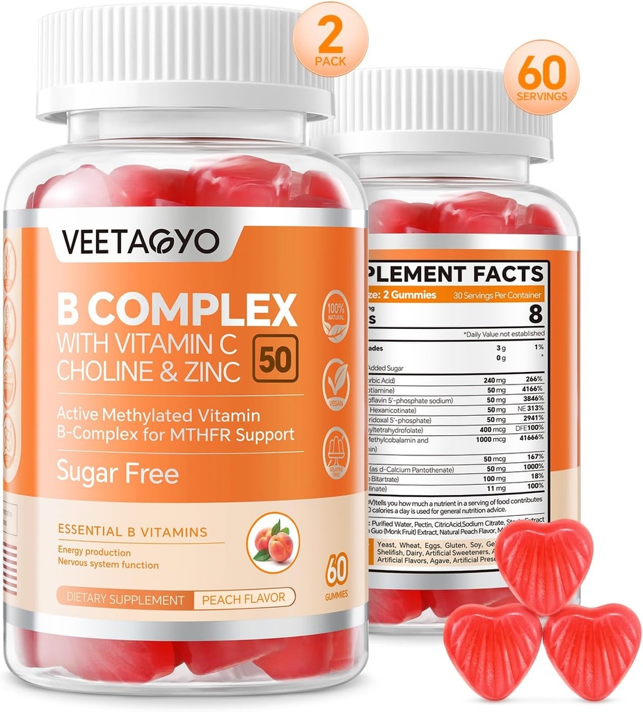 B kompleksas 50 Gummies, Metilintas B kompleksas su vitaminu C, Cholinas & Cinkas - Aktyvus Metilintas B- kompleksas energijai, Metilintas Parama - Visi B Vitaminai - B1, B2, B3, B5, B6, B7, B9, B12 - Cukrus Nemokamas, 120 Count