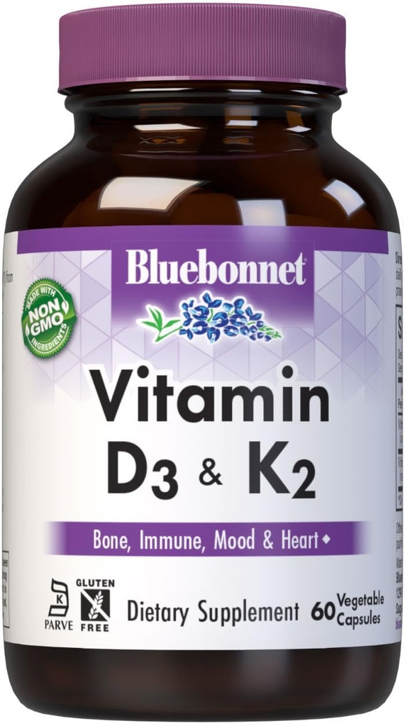 Bluebonnet mityba Vitaminas D3 & K2, Sojos nemokamai, už stiprių sveikų Bones *, nemokamai, Ne GMO, Maistas nemokamai, Kosher Sertifikuotas, Vegetaras, 60 Daržovių kapsulės, 60 Paslaugos