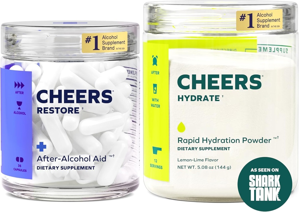 Cheers Classic Combo, 124; Restore + Hydrate, 124; Rehydrate & Feel geriau po geriamojo 124; DHM, L- Cysteine, B- vitaminai, Electrolytes ® 124; 12 Dozės Kiekvienas iš jų 124; kepenų parama, 124; Elektrolyte papildai
