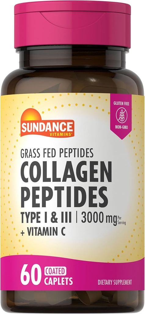 Sundance Collagen Peptides Pills | 3000mg | Type I & II with Vitamin C | 60 Count | Non-GMO & Gluten Free Supplement