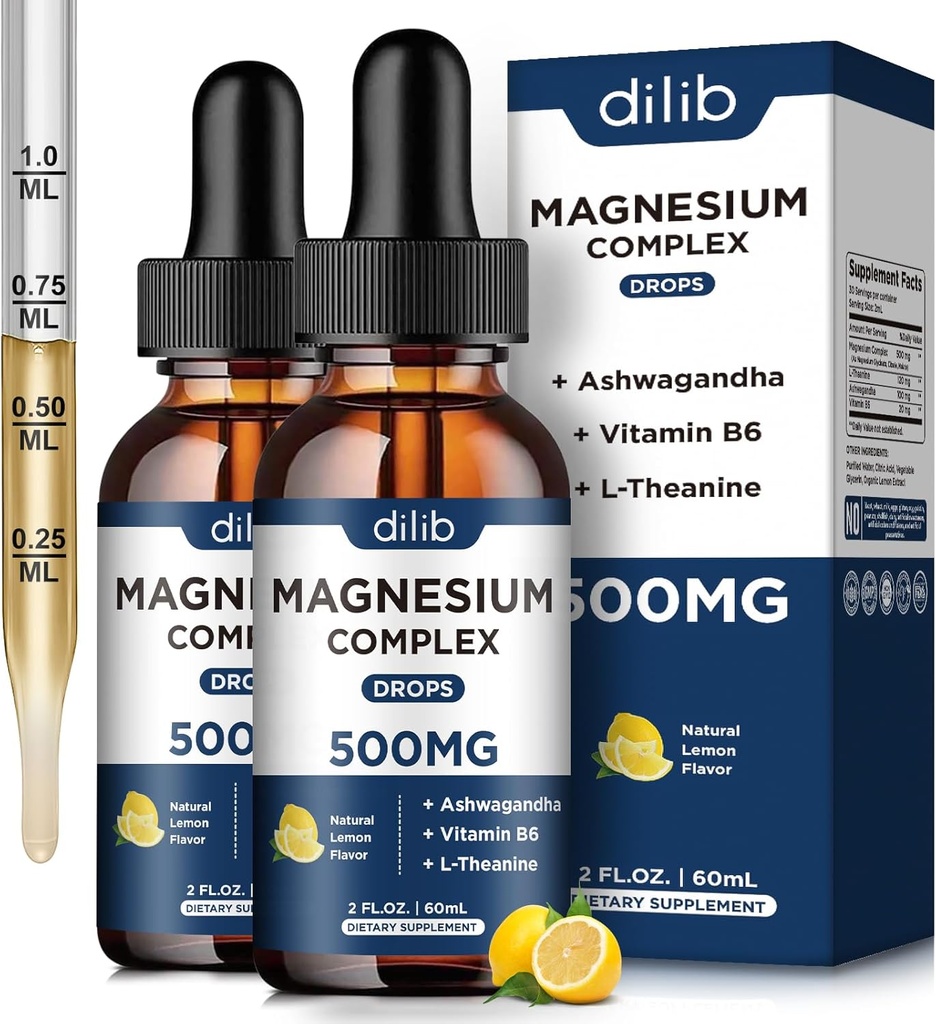 (2 pakuotė) Magnio glicinatas, citratas, malatas Skystas Drops- Triple magnio kompleksas priedas 500mg su Ashwagandha, L-Theanine, Vitaminas B6- support Calm, Stress Relief, Miego, Muscle- Lemon Sfeor