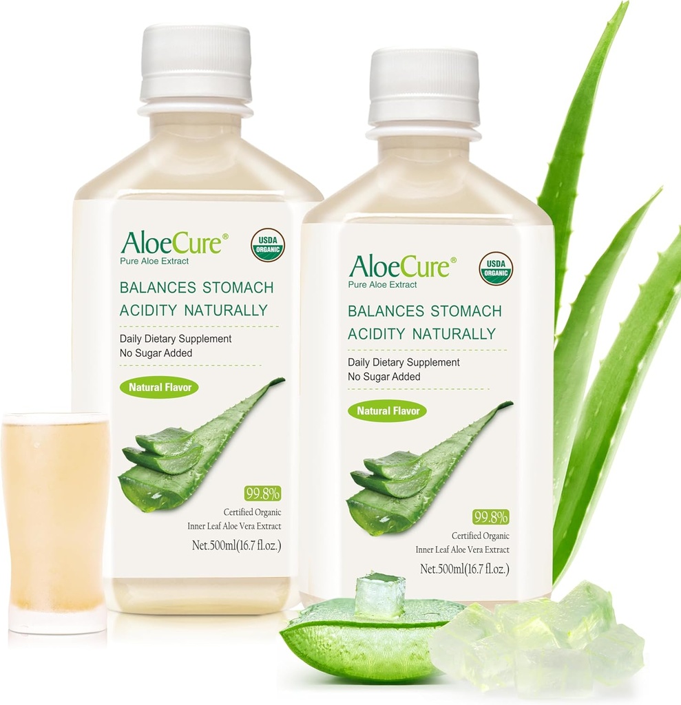 AloeCure USDA Organic Aloe Vera sultys Pagaminta per 12 valandų derliaus - Pure Aloe sultys Natūralus Digestion, Imuninė sistema ir subalansuotas Stomach Rūgštingumas, 2 x 500 ml Buteliai