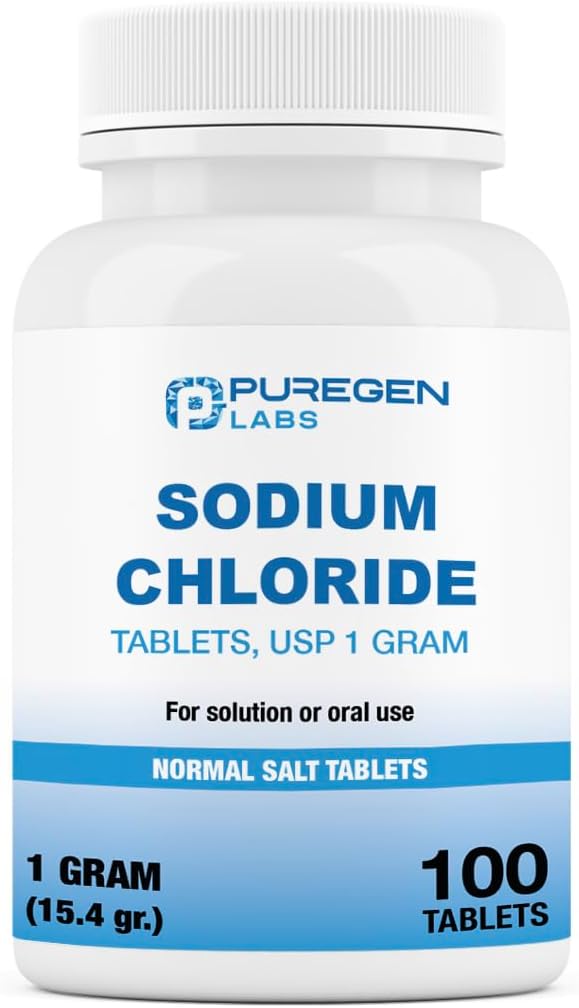 Puregen Labs Natrio chloridas Tabletės 1 gm (1000 mg), USP Bendrijoje 124; (15.4gr.)