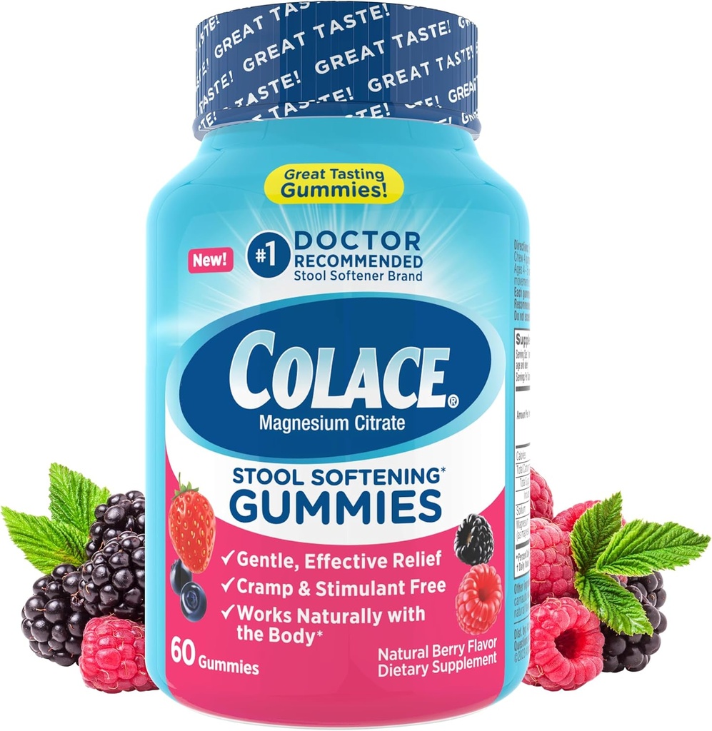 Kolace Stool Softener Gummies, Švelnus priklausomo nuo vidurių atsparumas magnio citrate Gummies, No.1 Gydytojas Rekomenduojama Stool Softener Brand, Berry Flavored 60ct