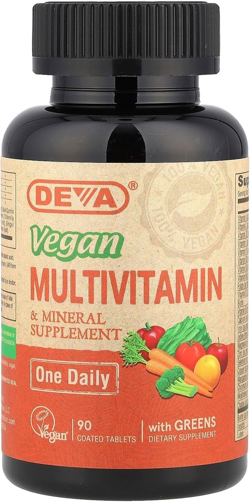 DEVA Tiny Tablets Vegan Multivitaminai moterims ir vyrams, multivitaminas su geležimi, mineralų papildas, vitaminas C, vitamino B kompleksas, vitaminas B12, vitaminas E, Cinkas, Gluten Free, 90 tablečių