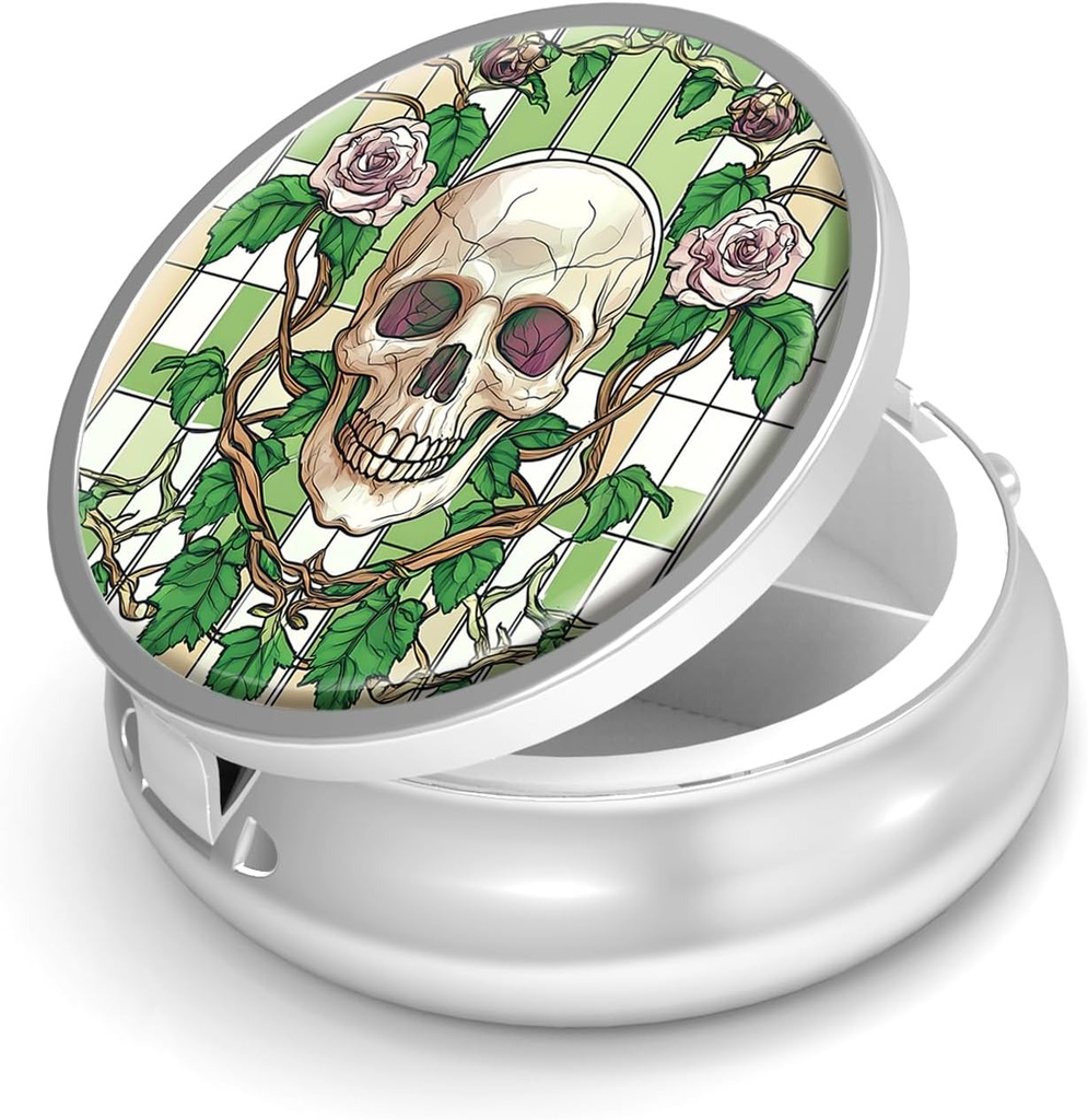Pieninės Box3 Comunity Mažos piliulės Purse & Pocket Mini metalinių piliulių laikiklis Kelionių pistoletai konteineris laikyti papildai Vitaminai BPA- Free (Skull ir Rose)