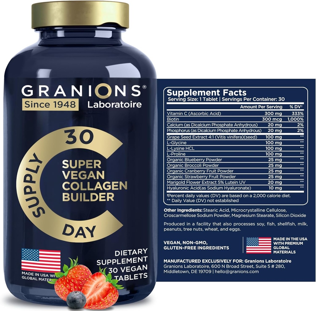 Vegan Collagen Supplements for Women and Men - Plant Based Collagen Boost Tablets - Beauty Booster Vegan Biotin, Hyaluronic Acid, Amino Acids, Organic Collagen Peptides - 30 Collagen Vegan Pills