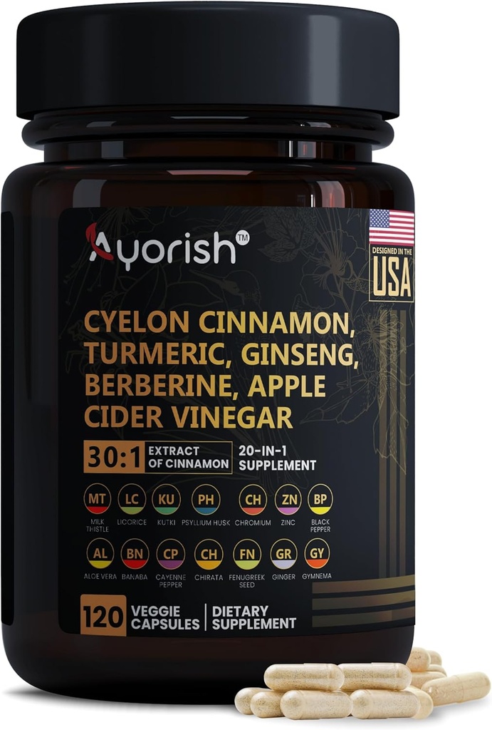 Ceylon Cinnamon Capsule 30:1 Extract Equivalent to 9000mg | Turmeric, Ginseng, Apple Cider Vinegar Berberine Plus Bitter Melon Gymnema, Kutki, Chirata 120 Veg Capsules – 60 Days Supply