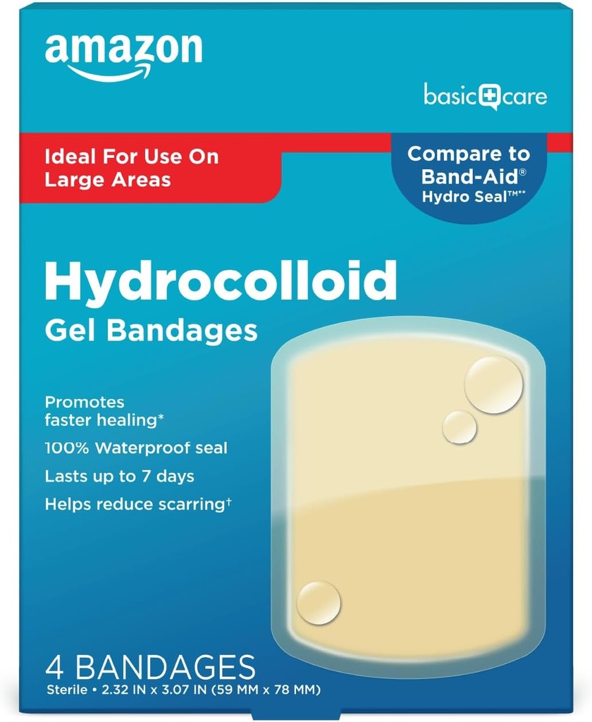 Amazon Basic Care Advanced Fast Healing Hydrocolloid Gel Bandages, Big Wound Dressing, 4 ct