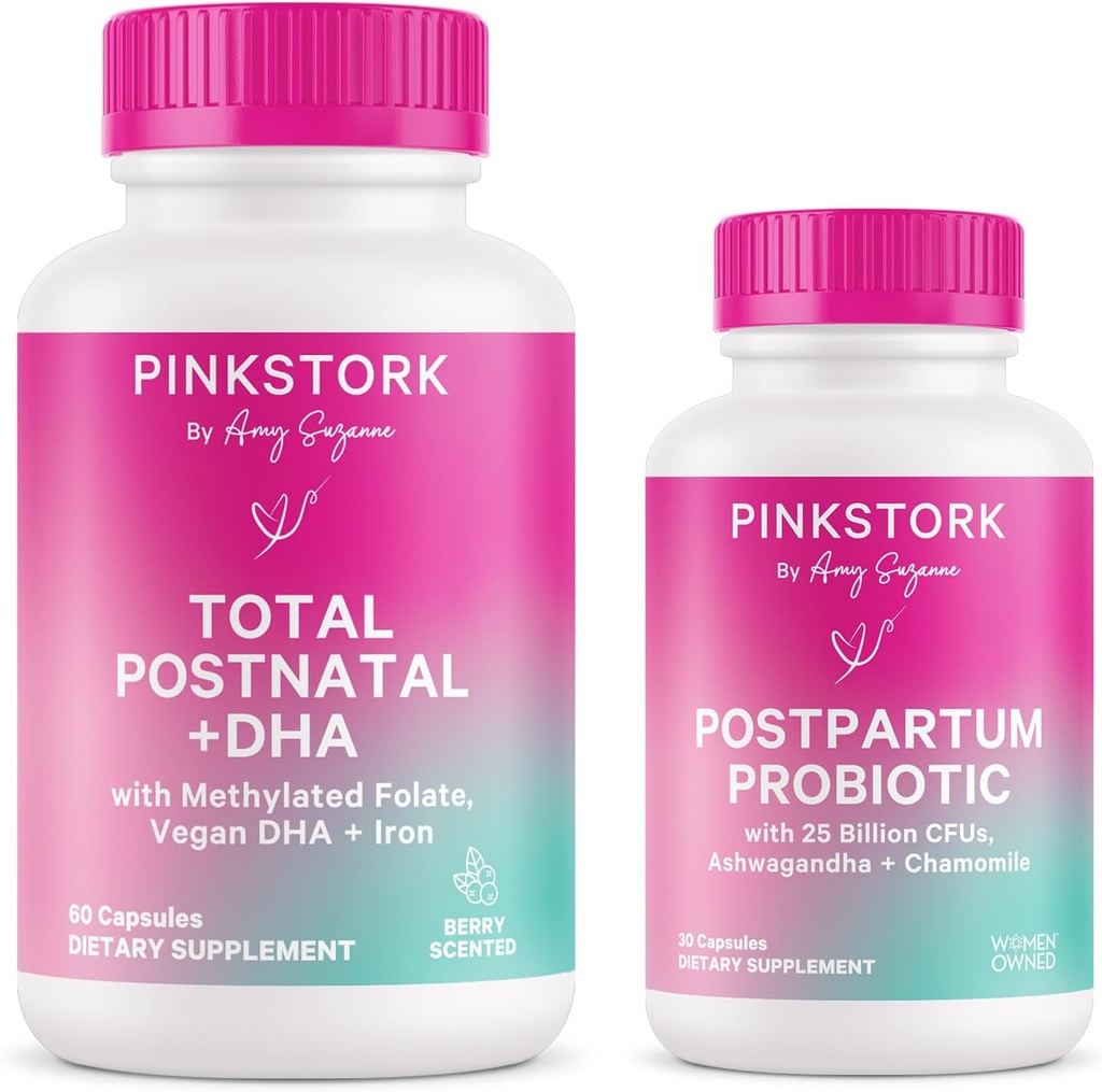 Pink Stork postnatalinis Multivitaminas + Probiotikai su Vegan DHA, Ashwagandha, Geležis, Folate, B12 - Palaiko Hormonų balansas, po gimdymo atkūrimo, Gut Health, & Digestion - Paketas iš 2