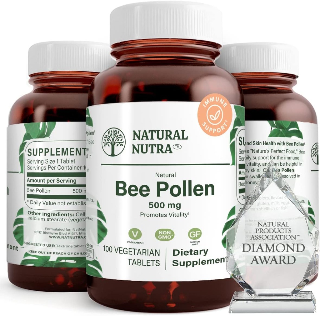 Natural Nutra Bee Pollen 500 mg, Helps Promote Vitality and Immune System, Improve Overall Health, Helps Improve Body Stamina, 100 Tablets