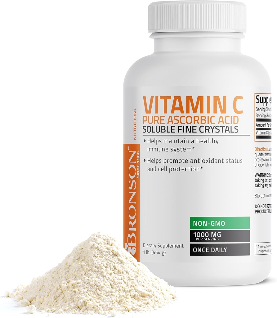 Bronsonas Vitaminas C milteliai Grynas Askorbo rūgštis Tirpus ne GMO kristalai - Skatina sveiką imuninę sistemą ir ląstelių apsauga - Galingas antioksidantas - 1 piliakalnis (16 tepalai)