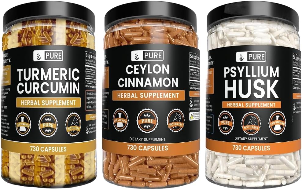 PURE ORIGINAL INGREDIENTS Ceilonas Cinnamon, Pylis Husk, ir Turmerijos kapsulės Bundle (730 kapsulės kiekvienas), Nr magnio ar ryžių piltuvai