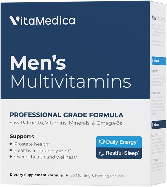 VitaMedica Men’s Multivitamin with Prostate Health Support | Vitamins, Minerals, Omega3s and Saw Palmetto | Box of 30 Easy Daily Packs | Supports Natural Energy and Sleep | Muscle, Joint Health