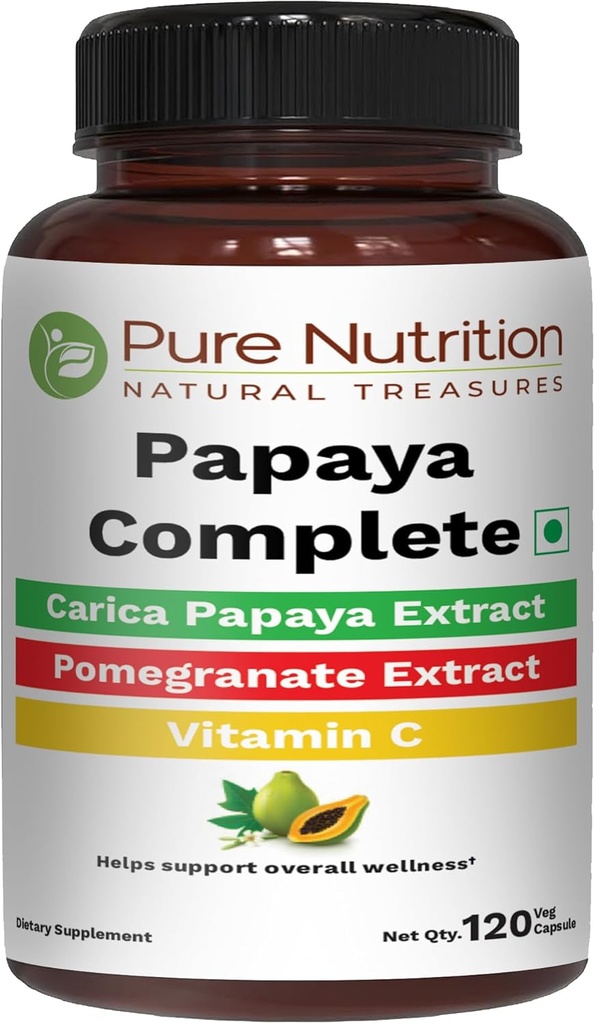 Pure Nutrition Papaya Comply 124; 120 Caps ® 124; Carica Papaya lapų ekstraktas su geležimi, VIT C, VIT A & Folio rūgštis ® 124; Palaiko trombocitų imunitetą ir virškinimą Ne GMO 124; Gluten- Free