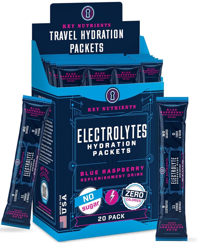 KEY NUTRIENTS Electrolytes Powder Packets 20 Pack - No Sugar, Delicious Blue Raspberry, Hydration Packets with Electrolyte Powder for Refreshing Electrolyte Drink Mix Packets - Zero Calories