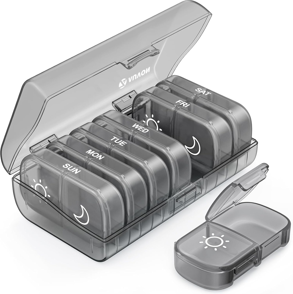 AUVON XL Weekly Pill Organizer 2 Times a Day, Pill Box 7 Day with One-Side Large Openings for Easy to Use, Gray AM PM Pill Case for Medication, Vitamins, Fish Oils, Supplements