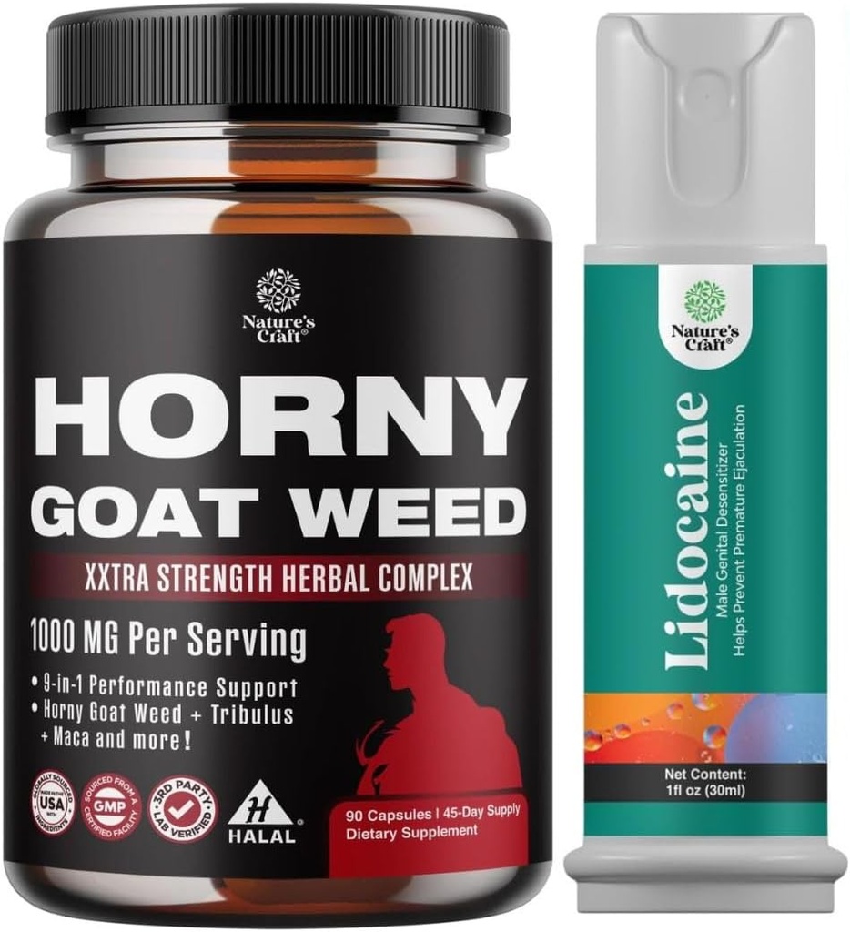 Triušis Horny Goat Weed vyrams su Black Maca Root, Tongkat Ali, Saw Palmetto & Panax Ginseng ekstraktas ir Lidocaine Desensitizing Topical Spray Climax Control - Boost Endurance and Stamina