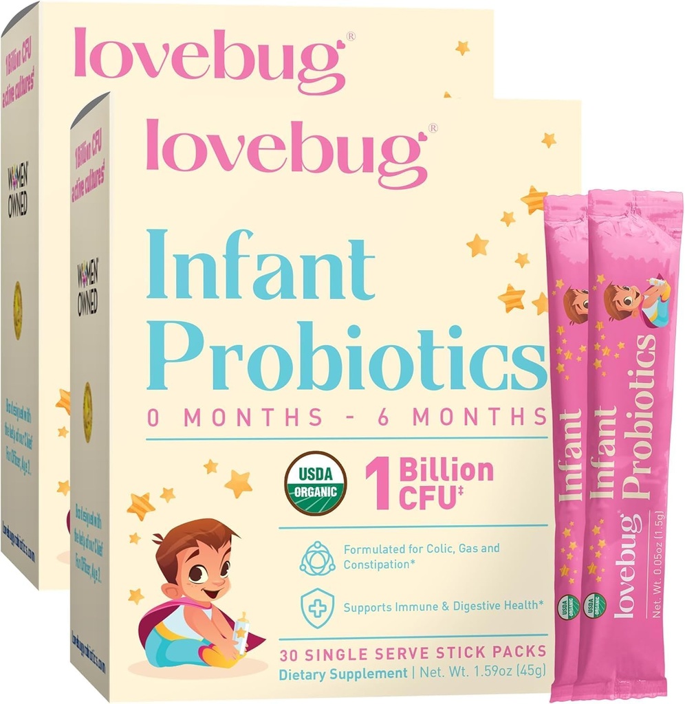 LOVEBUG Infant Probiotics 0-6 Months - USDA Organic Probiotics for Babies, Supports Baby Gas, Colic, Diarrhea and Newborn Constipation Relief, Allergen & Sugar Free, Tasteless Powder, 60 Pack