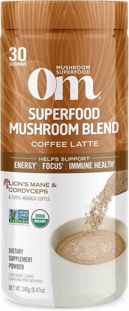 Om Mushroom Superfood Coffee Latte Blend - Funkciniai grybų milteliai su Liono manu, Cordyceps, Reishi & Chaga - Energija, Focus & Mental Clarity Support - 8.47 oz Canister (30 Servings)