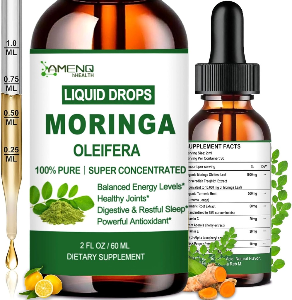 Grynas Moringa Oleifera skysti lašai, Organic Moringa lapų ekstraktas w. Turmerinis, Black Pepper, Moringa Priedas energijos apykaitos Immunal Skin Joint & Gut, 6X Stipresnis Than Moringa Capsules Milteliai