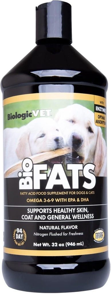 BiologicVET BioFATS - Sudėtyje yra Omegas 3, 6 ir 9 - su EPA, DHA & ALA - šunis & katė - oda ir bendra sveikatos parama - apima žuvis, Flaxseed & alyvuogių aliejus - 32 fl. oz.